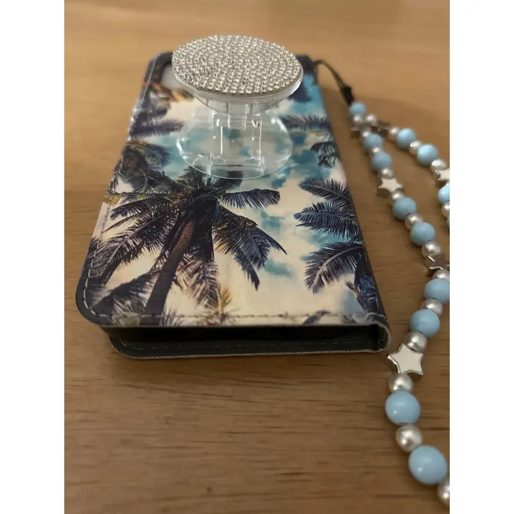 Tropical Print iPhone 12 Case Wallet w/Wrist Strap & Blingy Diamonds Pop Socket